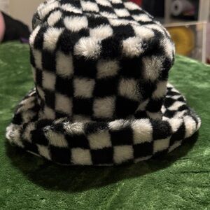Checkered Black and White Fuzzy Hat